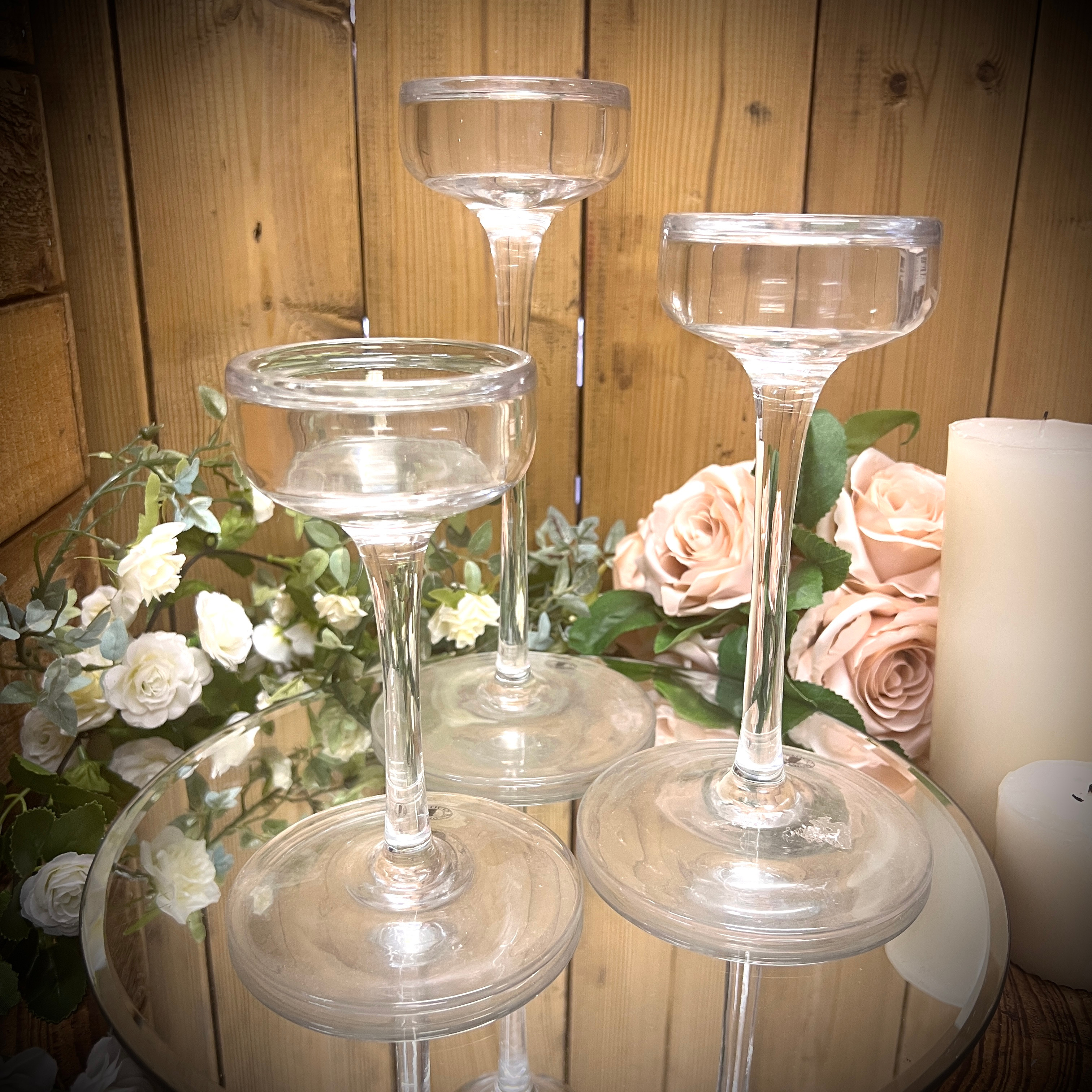 Trio of Long Stem Glass Tea Light Holder